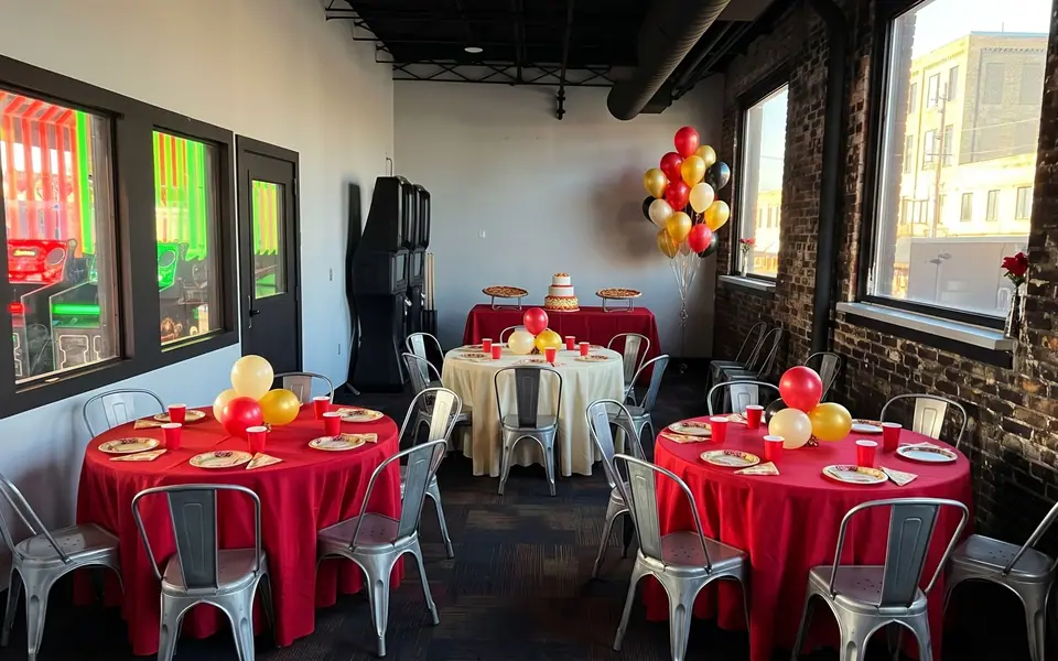 Illustration of the upstairs party room set for a birthday: round tables in red and cream cloths, metal chairs, balloon centerpieces, and a cake and pizza table by the back wall.